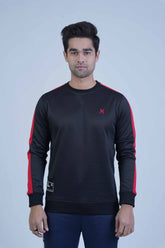 Take on winter with confidence in our Black Sweatshirt for men's! Stay cozy and stylish with premium materials and a perfect fit. The bold red panel on the sleeves adds a touch of adventure to your wardrobe. -  Bold Sleeves Black Sweatshirt - Xea Clothing